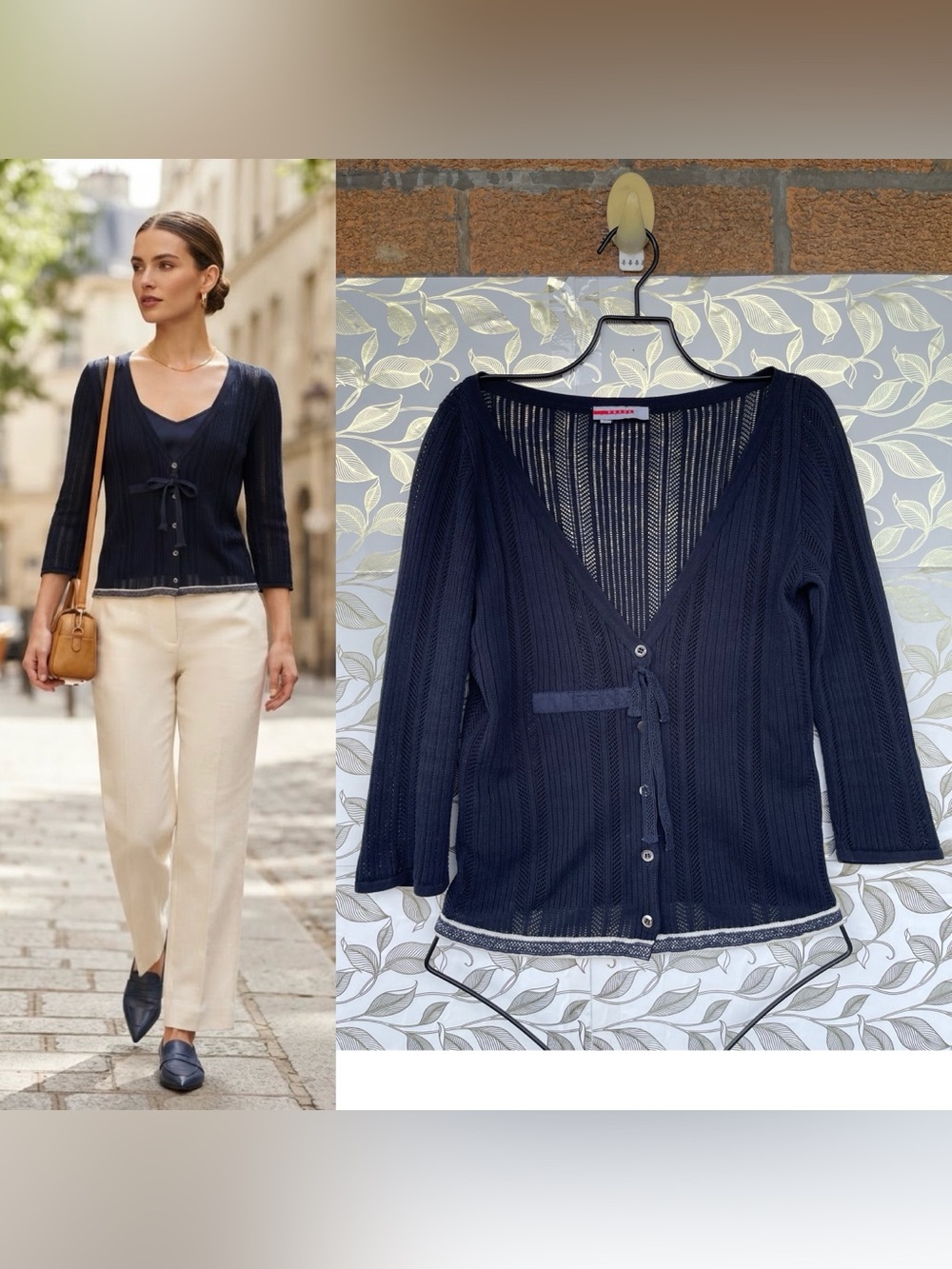 Prada Lightweight Ribbed Knit Cardigan Size 42 Vintage Luxury Navy Blue